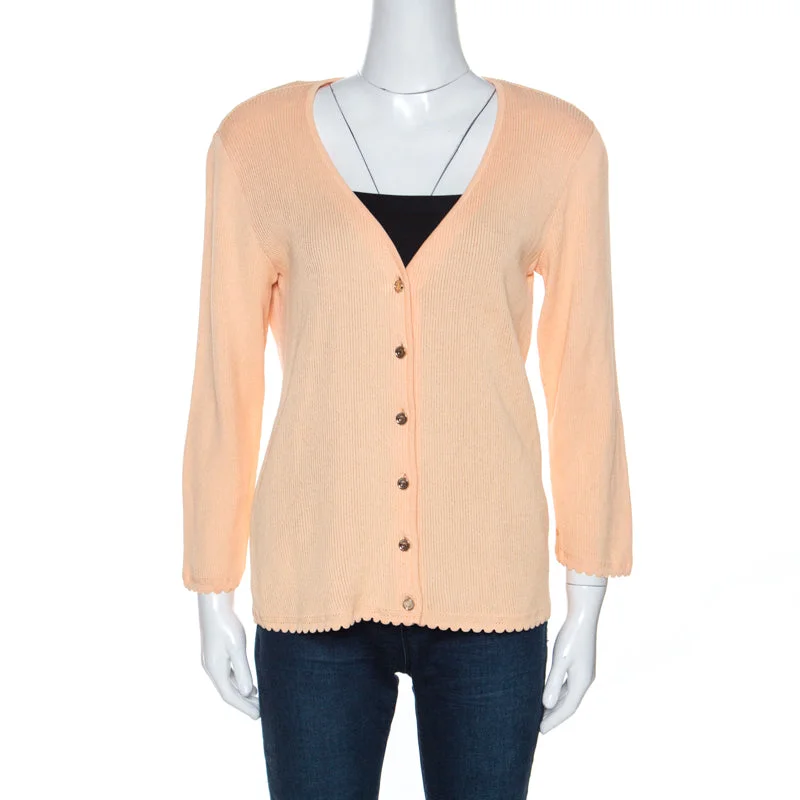 Escada Peach Rib Knit Padded Shoulder Button Front Cardigan Ribbed Striped Patterned