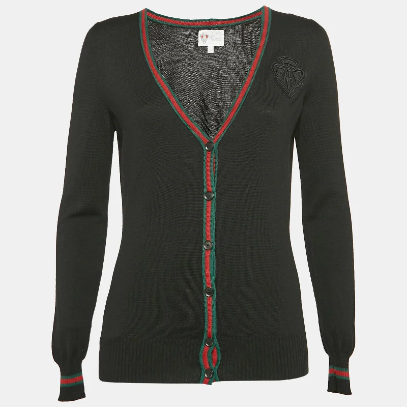 Gucci Black Equestrian Patch Knit Cardigan Velvet Chenille Corduroy