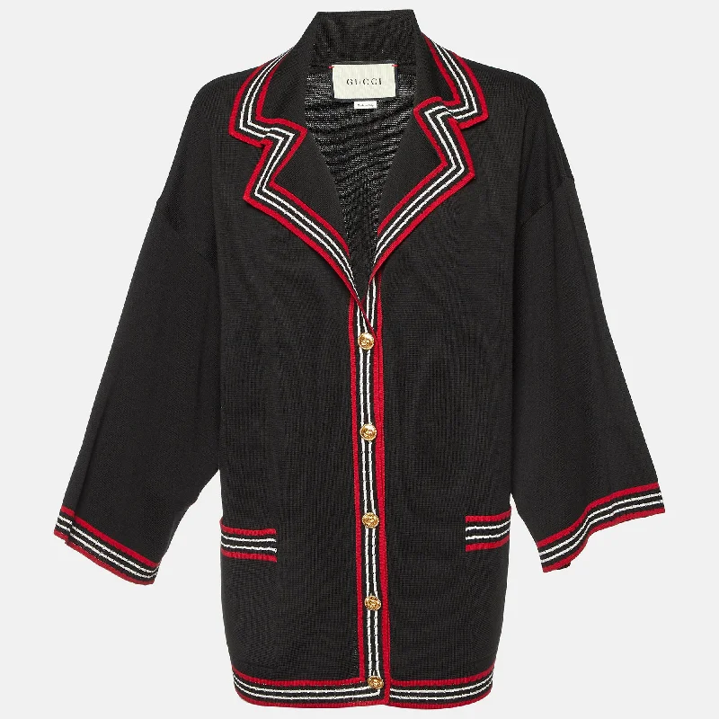 Gucci Black Striped Silk & Cotton Knit Cardigan Print Jacquard Patchwork
