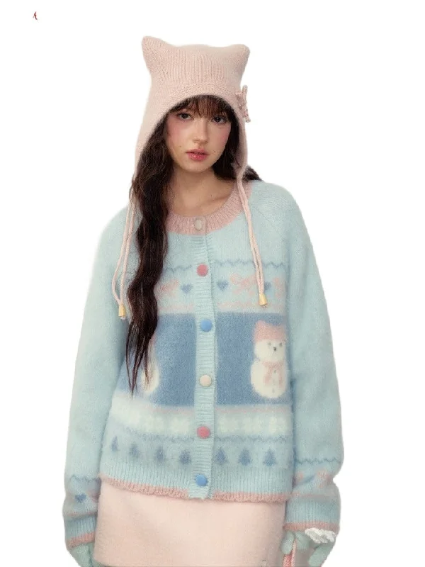 Hokkaido Snowman Knitted Cardigan Patchwork Embroidered Appliqued