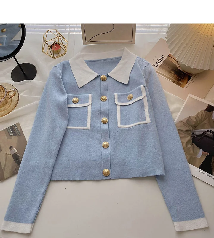 Knit cardigan design contrast color long sleeve top 6584 Stretchy Elastic Breathable Knit cardigan design contrast color long sleeve top 6584 Stretchy Elastic Breathable