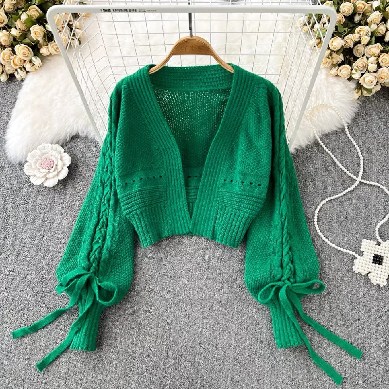 Lantern Sleeve Knitted Cardigan, Casual Bow Tie Short Long Sleeve Top S4362 Spandex Rayon Corduroy Lantern Sleeve Knitted Cardigan, Casual Bow Tie Short Long Sleeve Top S4362 Spandex Rayon Corduroy