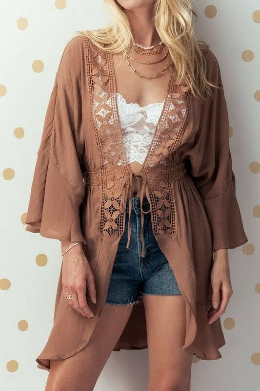 Mocha Boho Crochet Detail Ruffle Bell Sleeve Cardigan Wrap Womens Casual Elegant Classic Vintage Mocha Boho Crochet Detail Ruffle Bell Sleeve Cardigan Wrap Womens Casual Elegant Classic Vintage