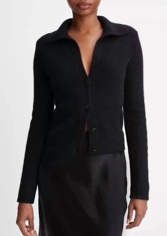 Polo Button Cardigan In Black Wool Fabric Cashmere Fabric Tweed Fabric