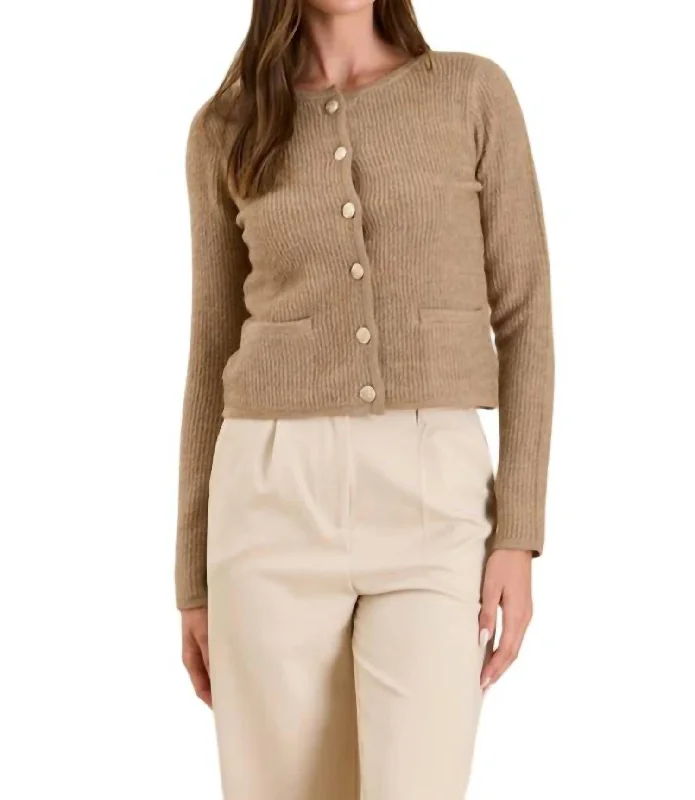 Round Neck Gold Button Knit Cardigan In Taupe Cotton Fabric Linen Fabric Terry Fabric Round Neck Gold Button Knit Cardigan In Taupe Cotton Fabric Linen Fabric Terry Fabric