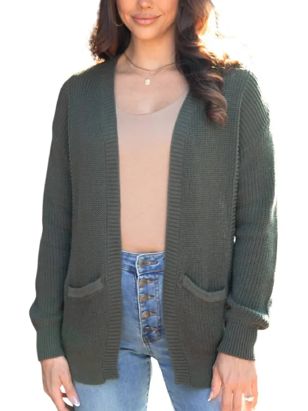 Slouchy Knit Pocket Cardigan In Deep Olive Anti-Pilling Anti-Shrink Durable
