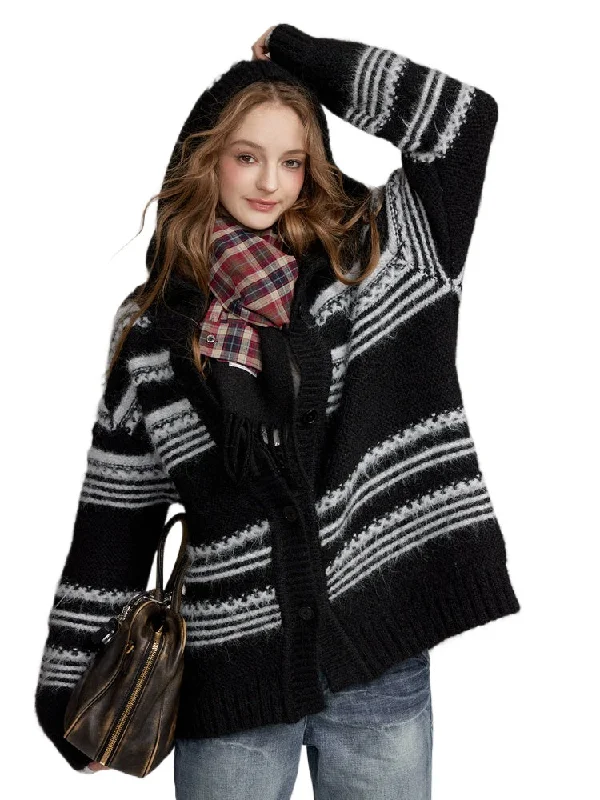 Striped Hooded Knit Cardigan Iron Safe Non-Iron Wrinkle Free