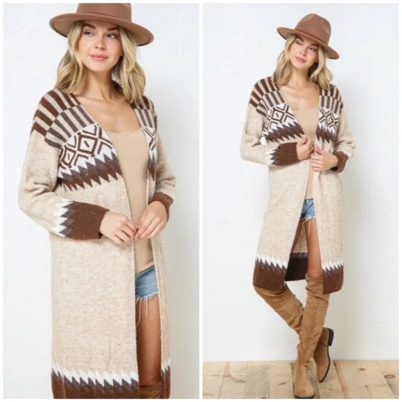 Taupe & Brown Aztec Tribal Western Boho Long Open Knit Cardigan Casual Sweater Ribbed Striped Patterned Taupe & Brown Aztec Tribal Western Boho Long Open Knit Cardigan Casual Sweater Ribbed Striped Patterned