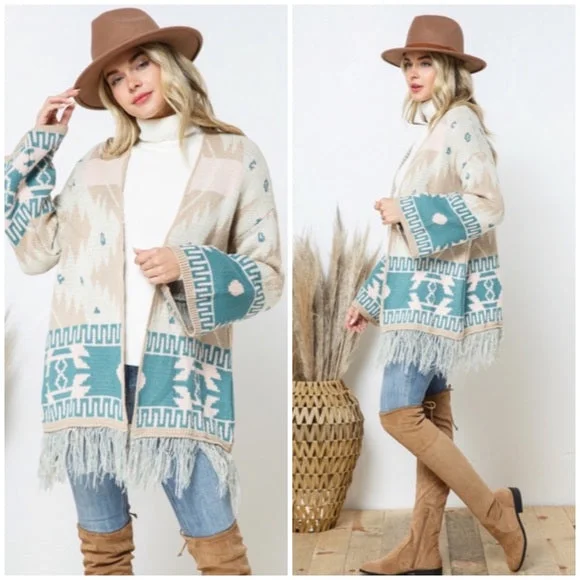 Taupe Teal Bell Sleeve Aztec Western Tribal Fringe Knit Boho Cardigan Sweater Glossy Satin Silk Taupe Teal Bell Sleeve Aztec Western Tribal Fringe Knit Boho Cardigan Sweater Glossy Satin Silk