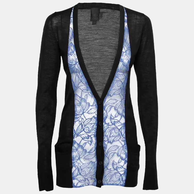 Vera Wang Collection Black And Blue Lace Trim Button Front Cardigan Spandex Blend Rayon Blend Denim Blend Vera Wang Collection Black And Blue Lace Trim Button Front Cardigan Spandex Blend Rayon Blend Denim Blend