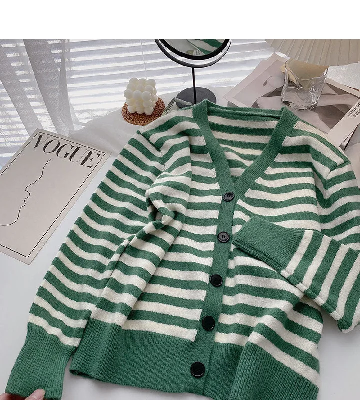 Vintage long sleeve knitted cardigan stripe V-neck casual top 6634 Solid Color Striped Floral Print Vintage long sleeve knitted cardigan stripe V-neck casual top 6634 Solid Color Striped Floral Print