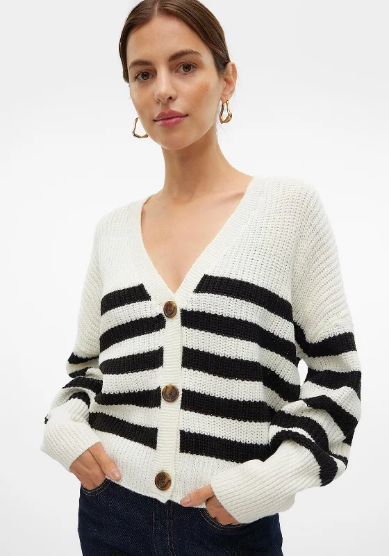 Vero Moda Lea Cropped Striped Button Up Cardigan, Cream and Black Oversized Loose Flowy Vero Moda Lea Cropped Striped Button Up Cardigan, Cream and Black Oversized Loose Flowy